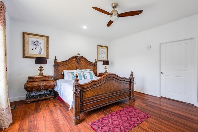 bedroom with a ceiling fan, baseboards, dark wood-type flooring, and recessed lighting