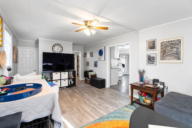 living room with crown molding, a ceiling fan, and wood finished floors