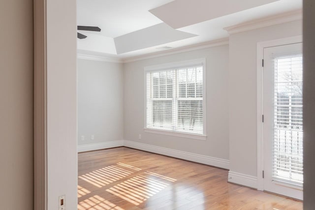 spare room with crown molding, a tray ceiling, and light wood-type flooring