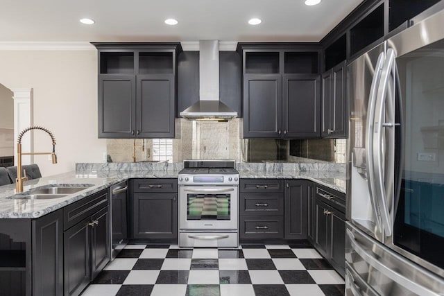 kitchen featuring sink, crown molding, kitchen peninsula, stainless steel appliances, and wall chimney range hood