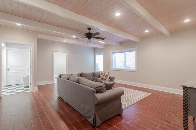 living room with beamed ceiling, wood ceiling, and ceiling fan