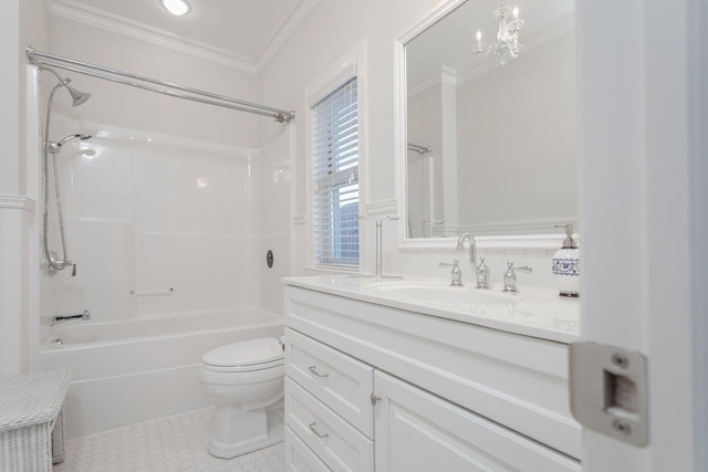 full bathroom featuring shower / bathing tub combination, ornamental molding, vanity, toilet, and tile patterned floors