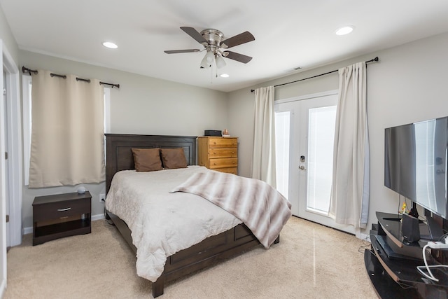 bedroom featuring recessed lighting, visible vents, and light colored carpet