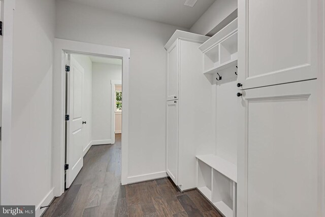 mudroom with dark wood-style flooring and baseboards