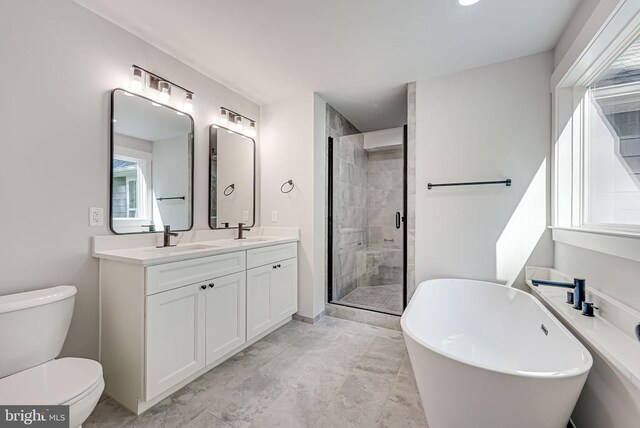 bathroom with double vanity, toilet, a stall shower, a sink, and a freestanding tub