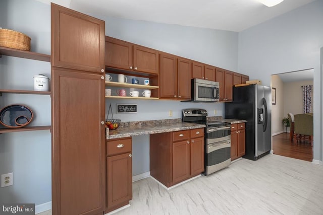 kitchen featuring open shelves, baseboards, brown cabinets, and appliances with stainless steel finishes