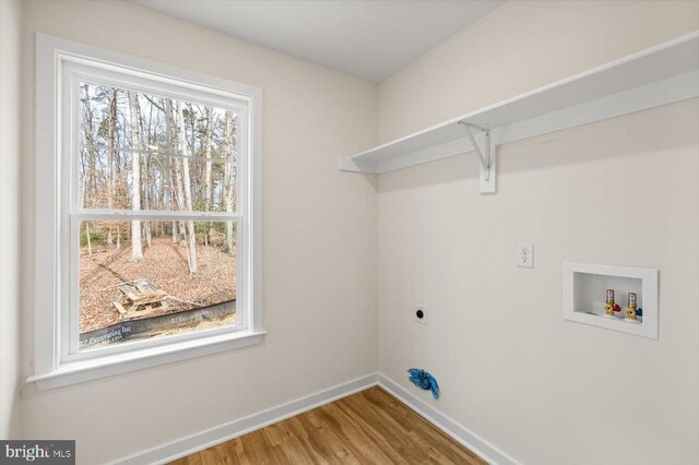 laundry room featuring wood-type flooring, hookup for a washing machine, and electric dryer hookup