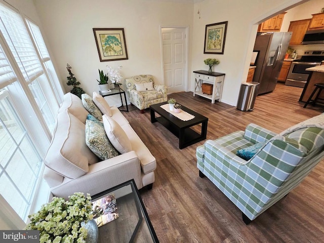 living area with arched walkways and wood finished floors