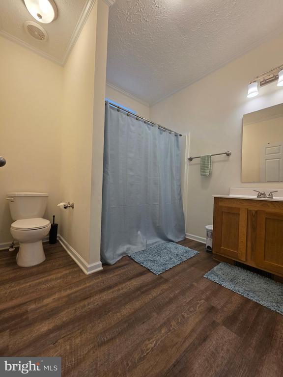 bathroom with vanity, toilet, wood finished floors, and a textured ceiling