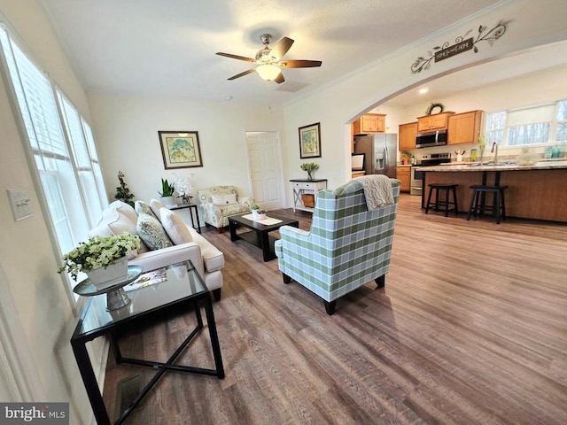 living room with arched walkways, plenty of natural light, and wood finished floors