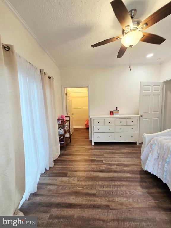 bedroom with dark wood-type flooring, ornamental molding, a ceiling fan, and a textured ceiling