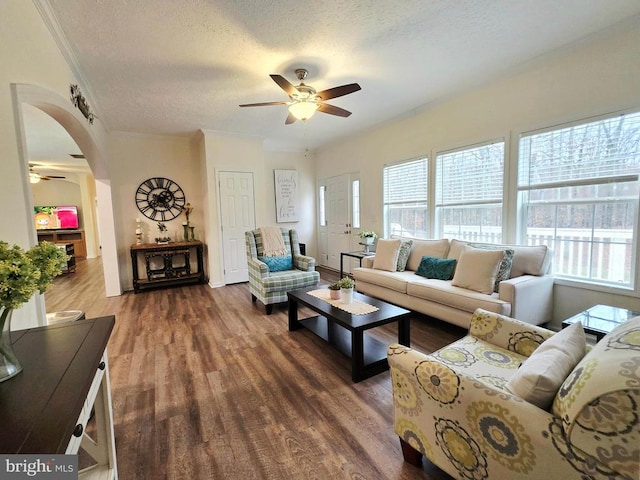 living room with wood finished floors, a ceiling fan, arched walkways, ornamental molding, and a textured ceiling