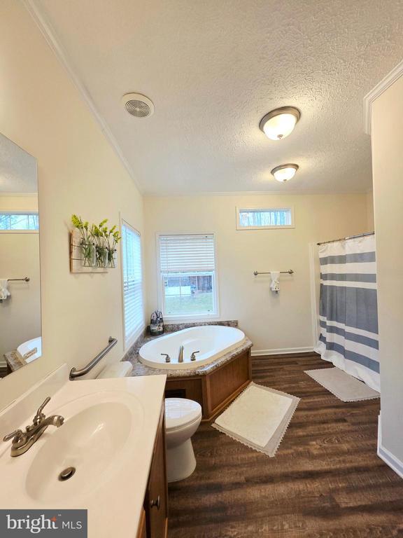 bathroom with vanity, a bath, wood finished floors, a textured ceiling, and toilet