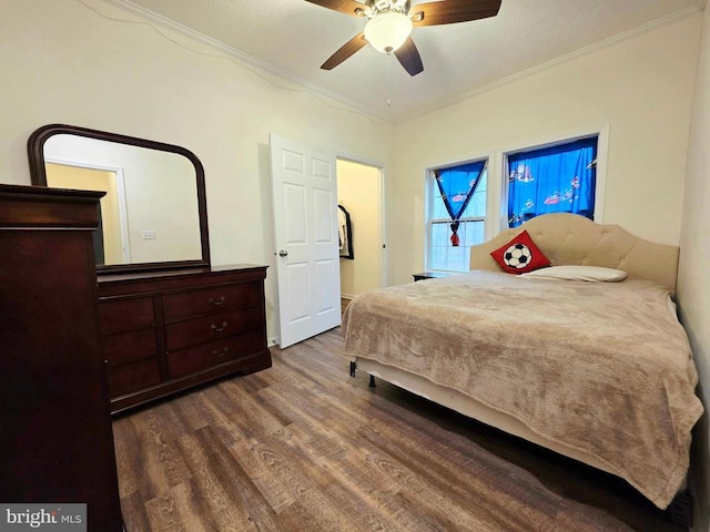 bedroom featuring dark wood-type flooring, ceiling fan, and ornamental molding