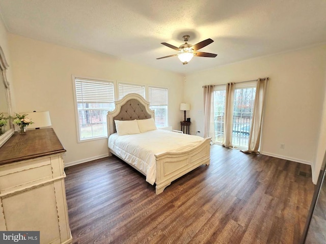 bedroom with baseboards, dark wood finished floors, a ceiling fan, and access to outside