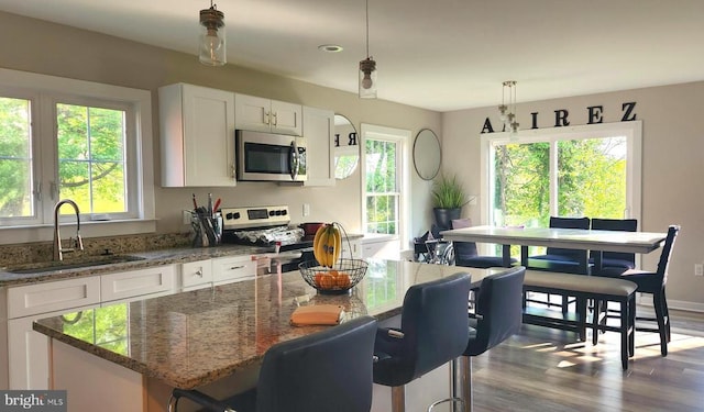 kitchen with stainless steel appliances, white cabinetry, a sink, and wood finished floors
