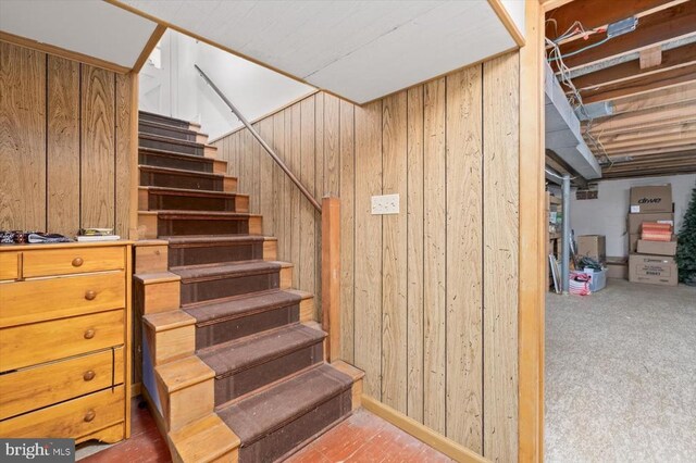 staircase with wooden walls