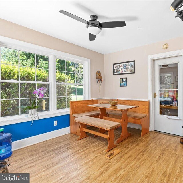 dining area with ceiling fan and light hardwood / wood-style flooring