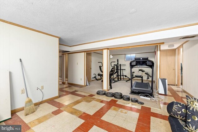 exercise area with crown molding and a textured ceiling