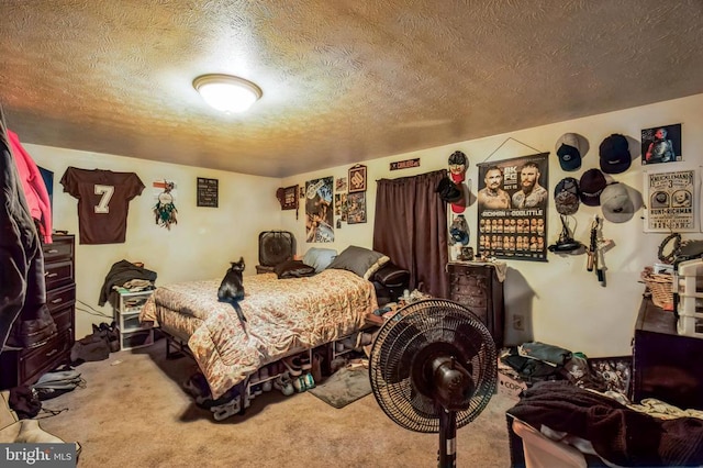 carpeted bedroom with a textured ceiling