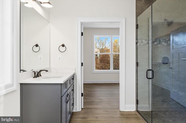 bathroom with vanity, hardwood / wood-style floors, and an enclosed shower