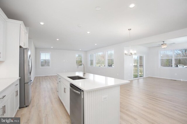 kitchen with appliances with stainless steel finishes, pendant lighting, white cabinetry, sink, and a kitchen island with sink