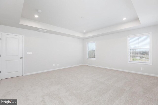 carpeted empty room with a raised ceiling