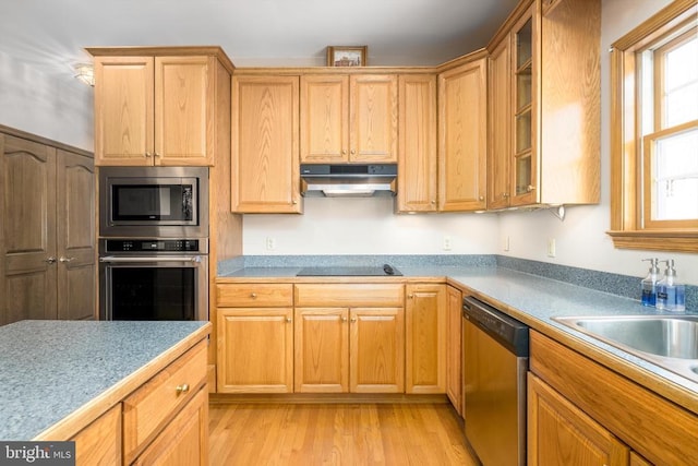 kitchen with under cabinet range hood, light wood-style floors, light countertops, appliances with stainless steel finishes, and glass insert cabinets