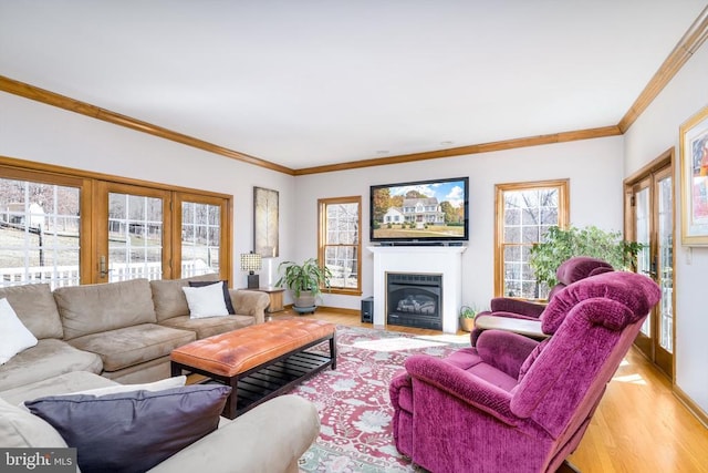 living room featuring light wood-type flooring, baseboards, ornamental molding, and a glass covered fireplace