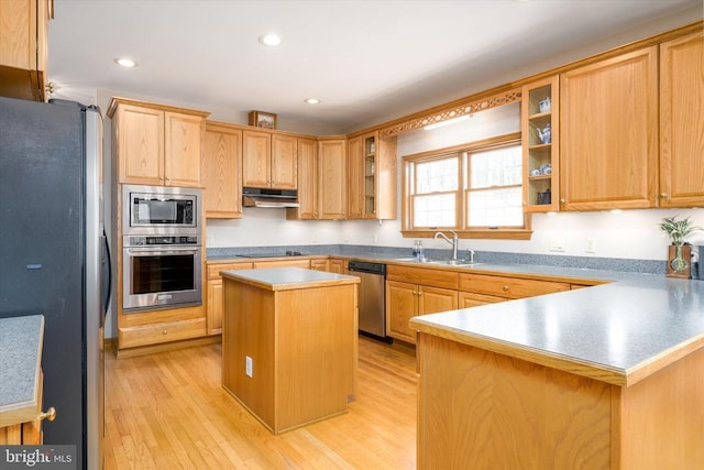 kitchen with stainless steel appliances, light wood finished floors, a peninsula, and under cabinet range hood