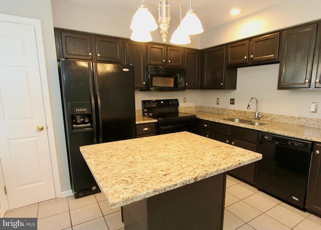 kitchen featuring a notable chandelier, light tile patterned flooring, black appliances, and a sink