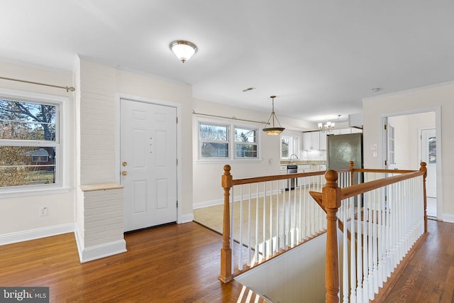 entryway featuring visible vents, dark wood-type flooring, baseboards, and ornamental molding