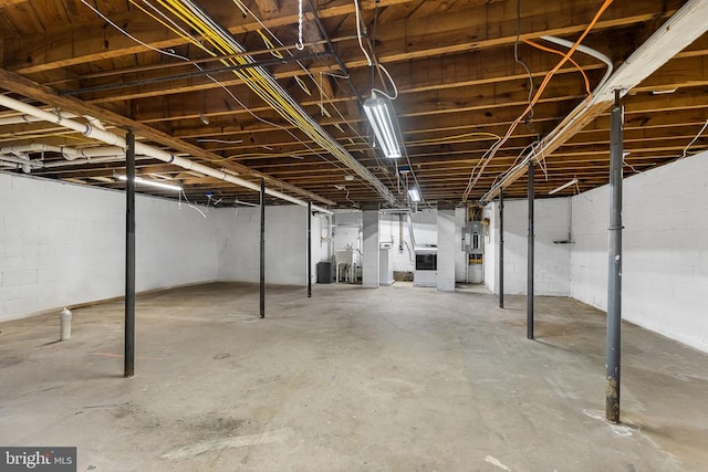 unfinished basement featuring concrete block wall