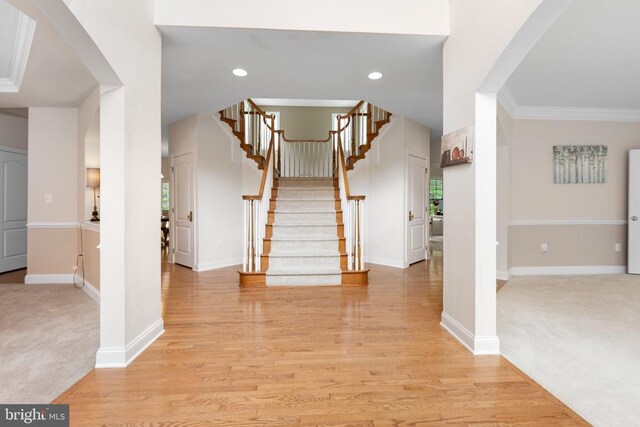 entrance foyer featuring crown molding and light hardwood / wood-style floors