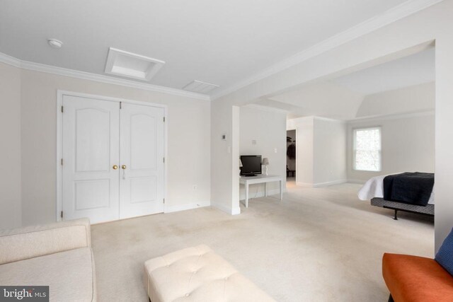 living room featuring crown molding and light colored carpet