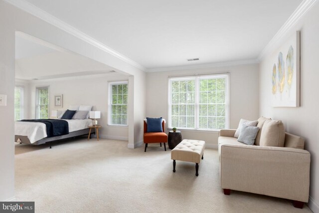 carpeted bedroom featuring ornamental molding