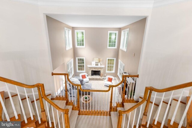 stairs with ornamental molding and a fireplace