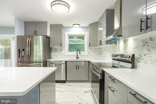 kitchen featuring wall chimney exhaust hood, sink, tasteful backsplash, gray cabinets, and stainless steel appliances