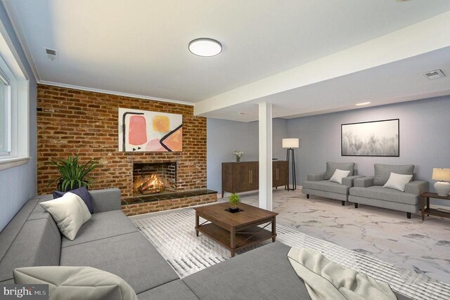 carpeted living room featuring a brick fireplace