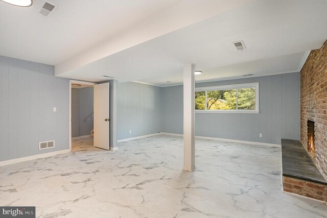 basement featuring a fireplace