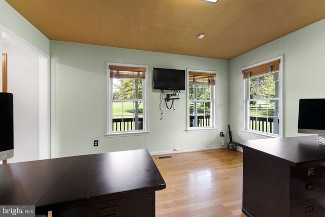 office space with light hardwood / wood-style floors and a healthy amount of sunlight