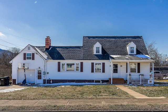 new england style home featuring covered porch, a front lawn, and a chimney