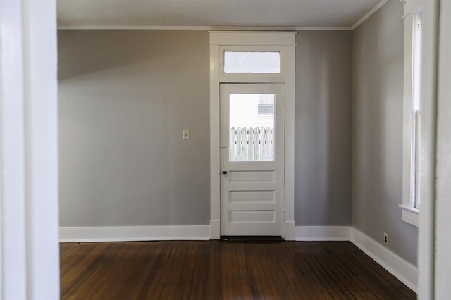 entryway featuring crown molding and dark wood-type flooring