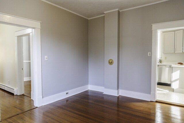 unfurnished room with dark hardwood / wood-style flooring, a baseboard heating unit, and crown molding