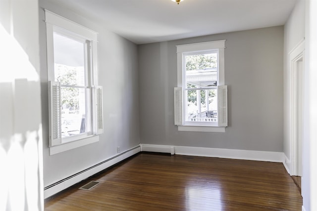 empty room featuring dark hardwood / wood-style flooring and a baseboard heating unit