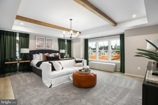 bedroom with radiator, a tray ceiling, beamed ceiling, light hardwood / wood-style floors, and a chandelier