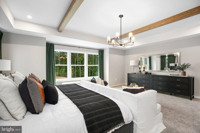 bedroom featuring an inviting chandelier and beamed ceiling