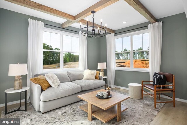 living room with beamed ceiling, light hardwood / wood-style flooring, and a wealth of natural light