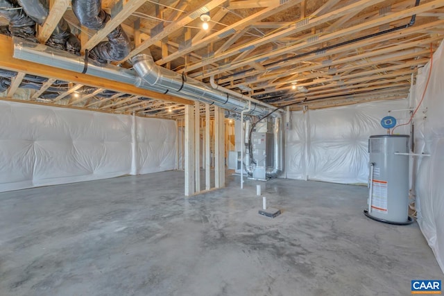 basement featuring heating unit and water heater