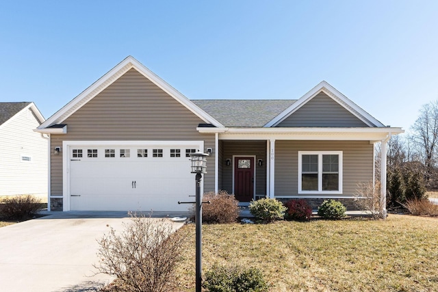 single story home with driveway, stone siding, a porch, a front yard, and a garage